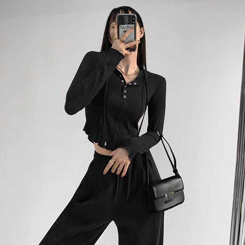 Slim Hoodie Grey Short Top High Waist Navel Exposed American Hottie Pure Desire Pressed Pleated Long Sleeve Thin T-shirt