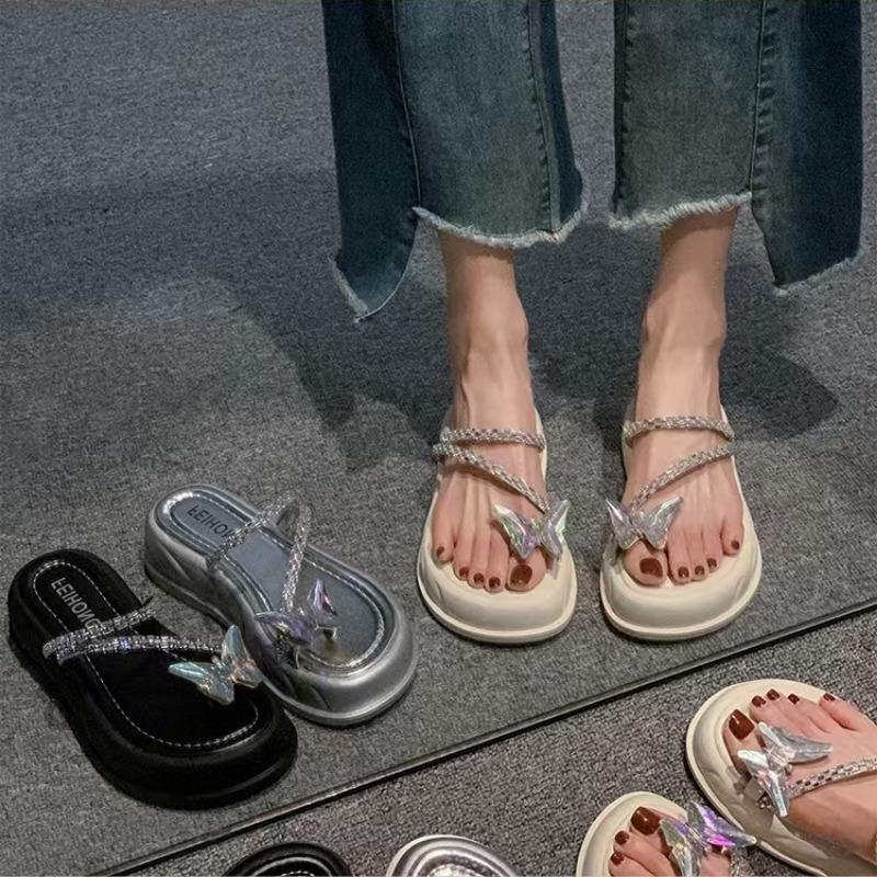 Fashion Women's Fashion Round Head Crystal Butterfly Toe Soft-soled Non-slip Flat Shoes Thick Soled Mid-heel Slippers