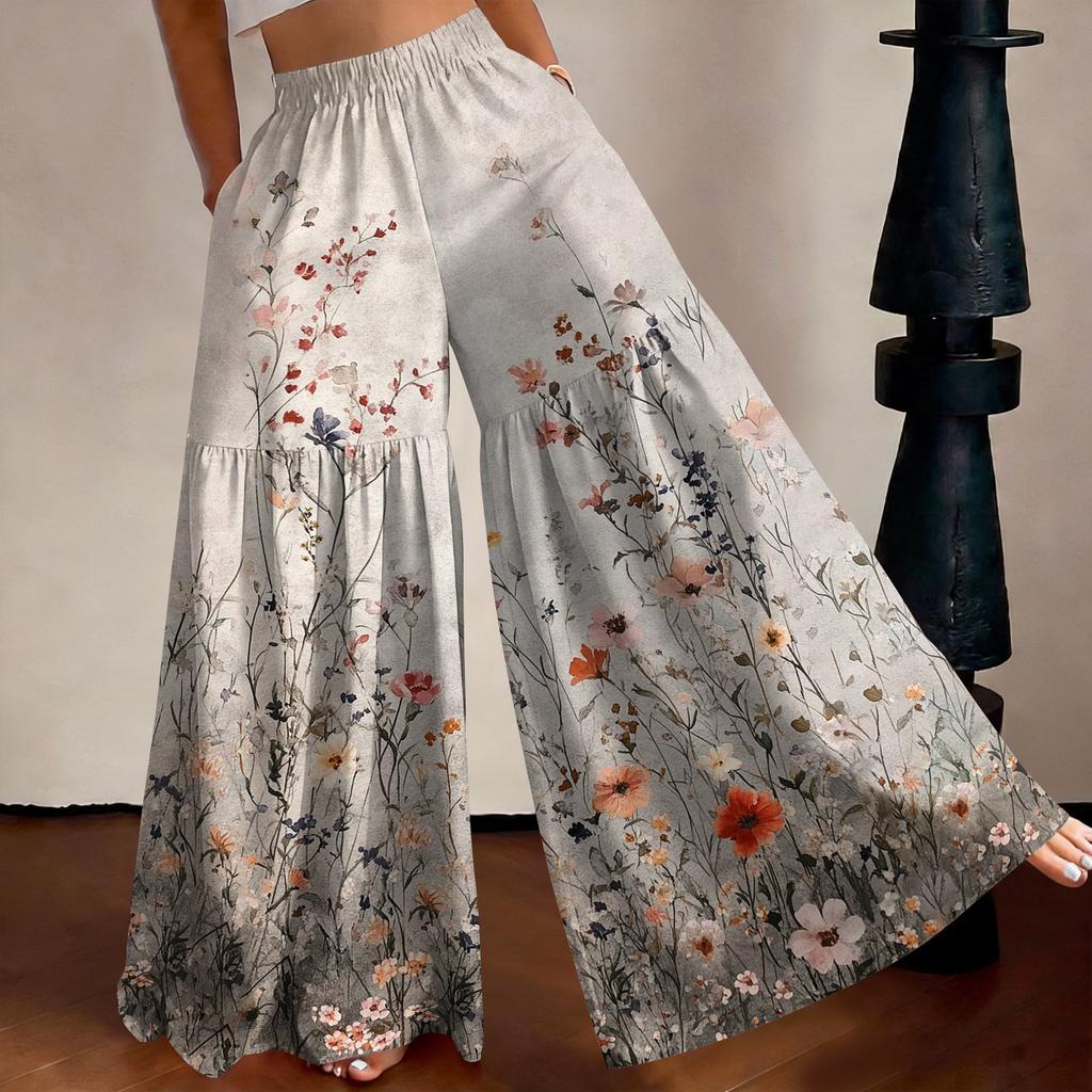 Women High Waist Loose Fit Lightweight Wide Leg Pants Vintage Floral Print Flowing Long Trousers Casual Relaxed Style