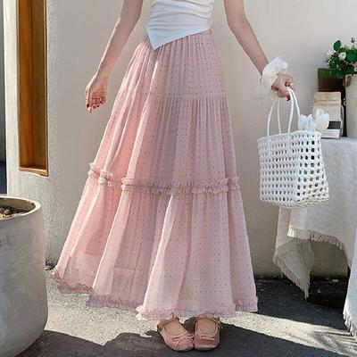 Ruffle Polka Dot Chiffon Pleated Tiered A-Line Maxi Skirt High-Waist Slimming Flowy Long Skirt for Women QT2915