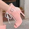 Peep Toe Ankle Boots Women's Summer Shoes 2025 White Blue Pink High Heels Sandals Ladies Lace-up Dance Wedding Shoes Big Size