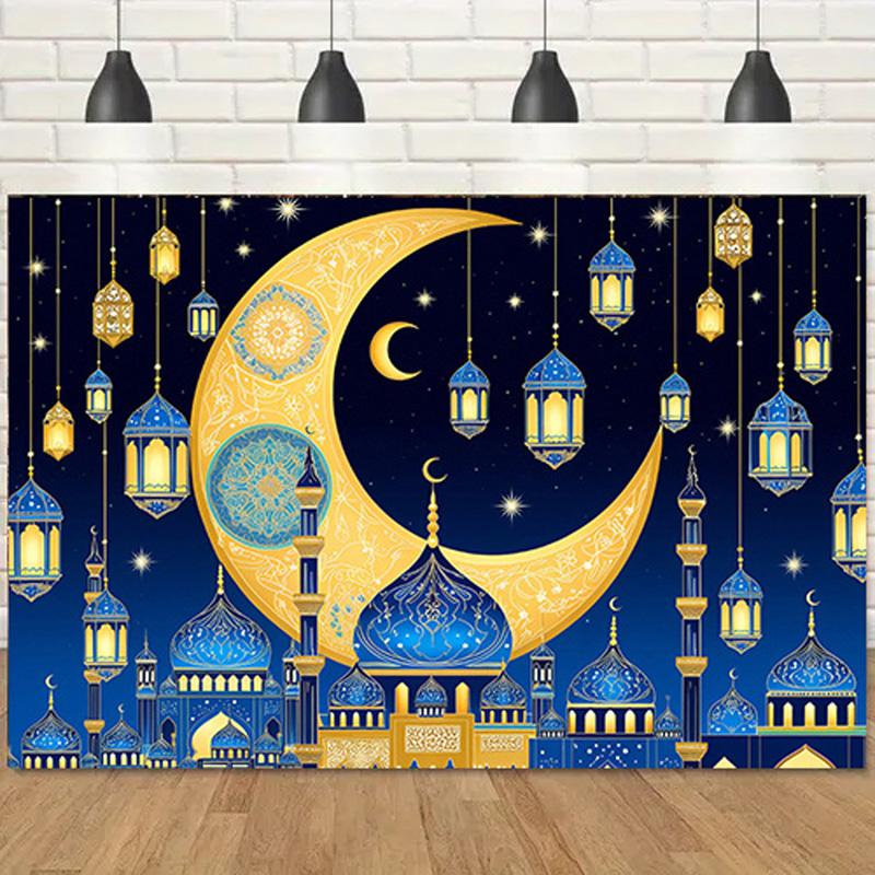 Photo Backdrop Blue Eid Al-Adha Backdrop Ramadan Mubarak Islamic Muslim Festival Background for Studio Photography,Party,Event Supplies