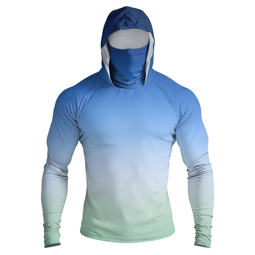 Men Raglan Sleeve Gradient Hooded Long Sleeve Sun Shirt Lightweight Pullover with Thumb Holes for Outdoor Activities