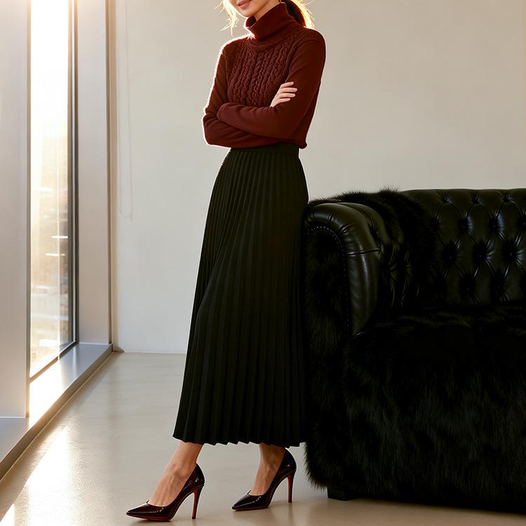 Fei Yuan Women's Elegant High-Waist Accordion Pleated Skirt - Autumn/Winter Style