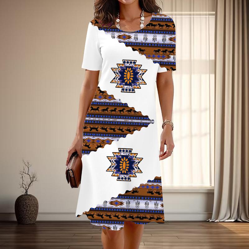 Dámská móda Půvabné Retro Potisk Letní Jarní Krátký Rukáv Kulatý Výstřih Ležérní Šaty