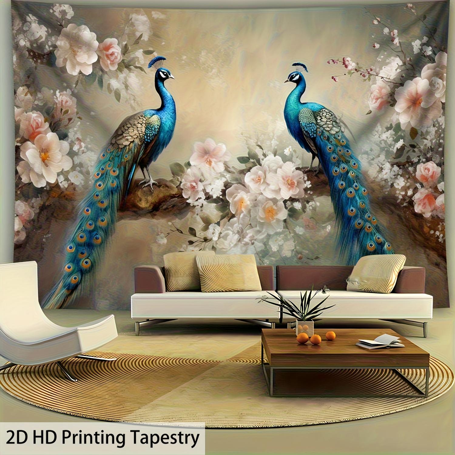 Peacock and Flowers Tapestry, Blue Peacocks with Cherry Blossoms, Elegant Bird Wall Art for Living Room Bedroom Decor 70x100cm28x39in