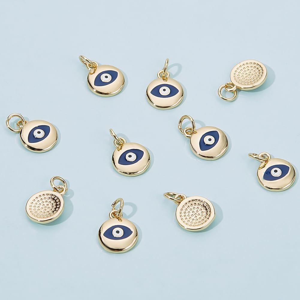 BENECREAT 10Pcs 18K Gold Plated Midnight Blue Evil Eye Enamel Charms, Flat Round Pendants with Jump Rings for DIY Necklace Bracelet Jewelry Making