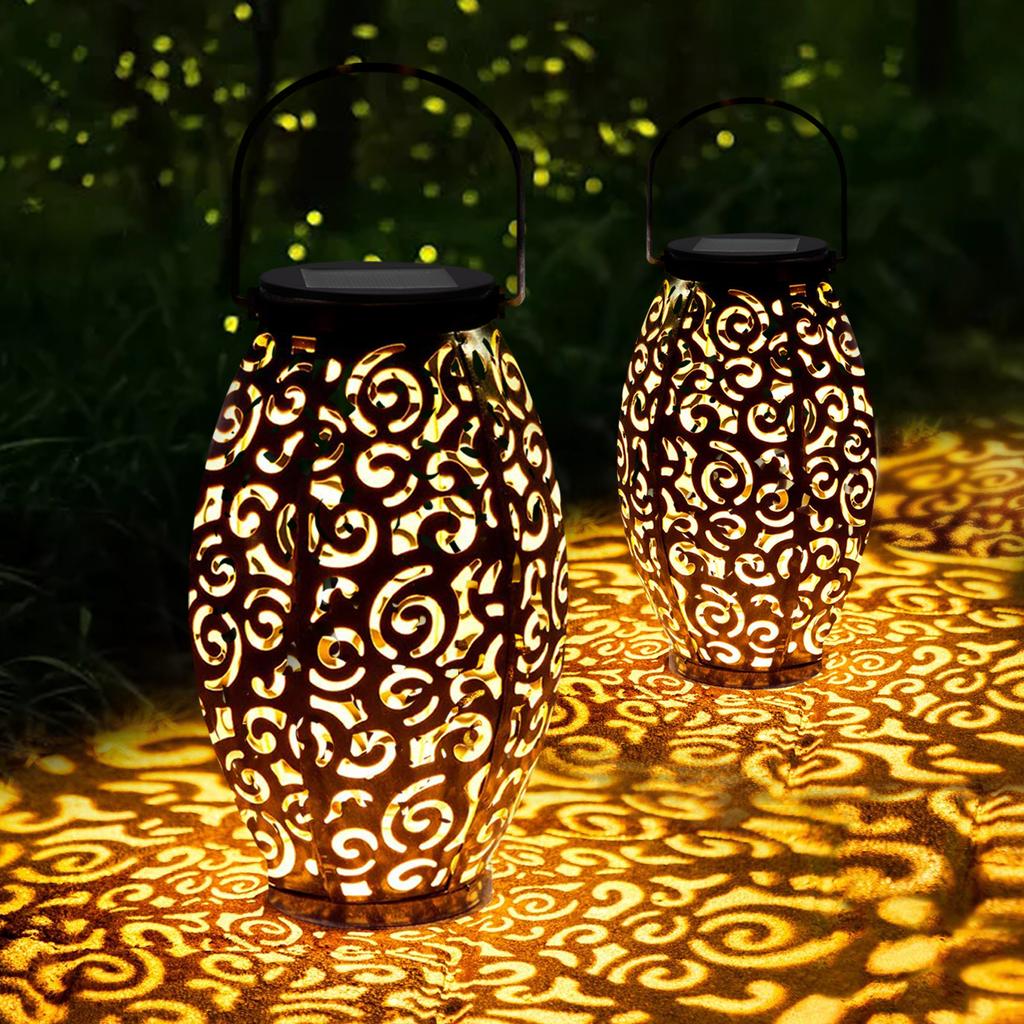 Xidajie Metal Retro Hanging Solar Lights, 2Pack Solar Lanterns With Hollow Patte