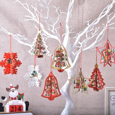 Christmas Decorations, Wooden, Laser Hollowed Out, Three-dimensional Snowflake Ornaments, Christmas Tree, Bell Pendants, Gifts