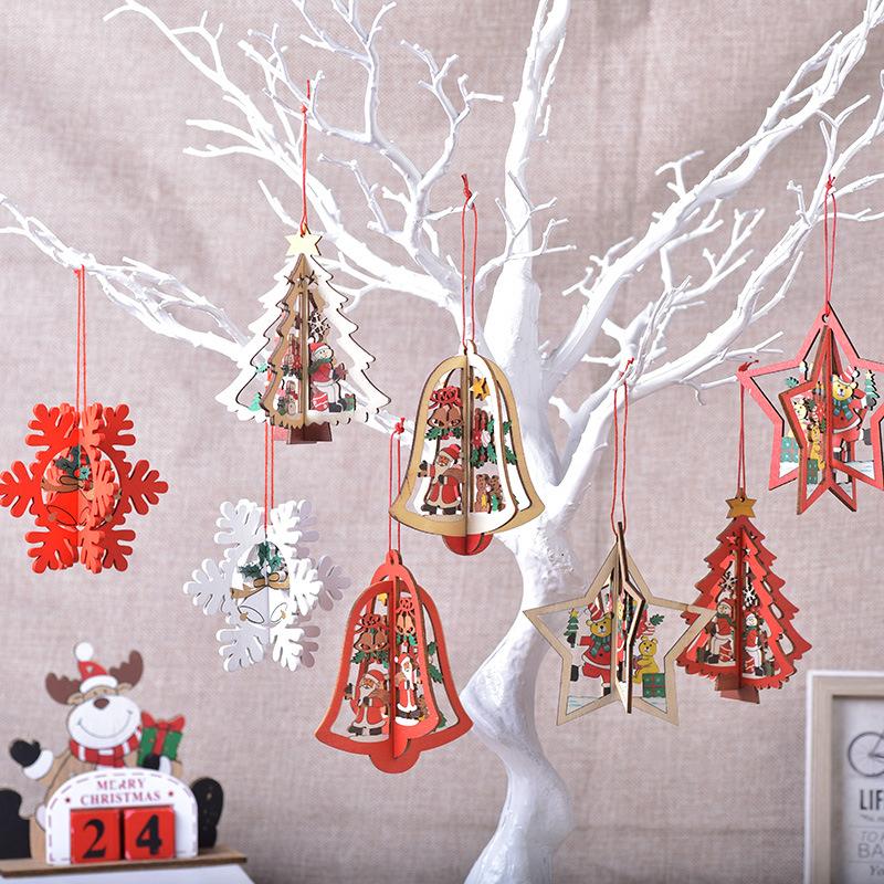 Wooden Christmas Tree Ornaments Hollow 3D Snowflake Bell Star Hanging Pendants For Home Xmas Holiday Party Decor Supplies