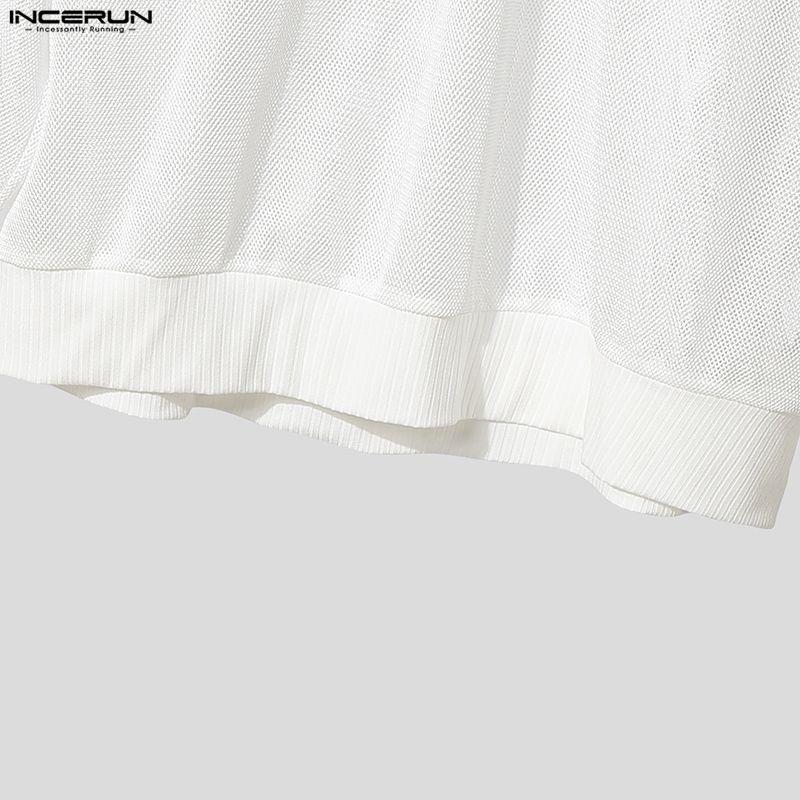 INCERUN Oversized Men Long Sleeve Hollow Bandage See Through Webbing Loose T-shirts Tops