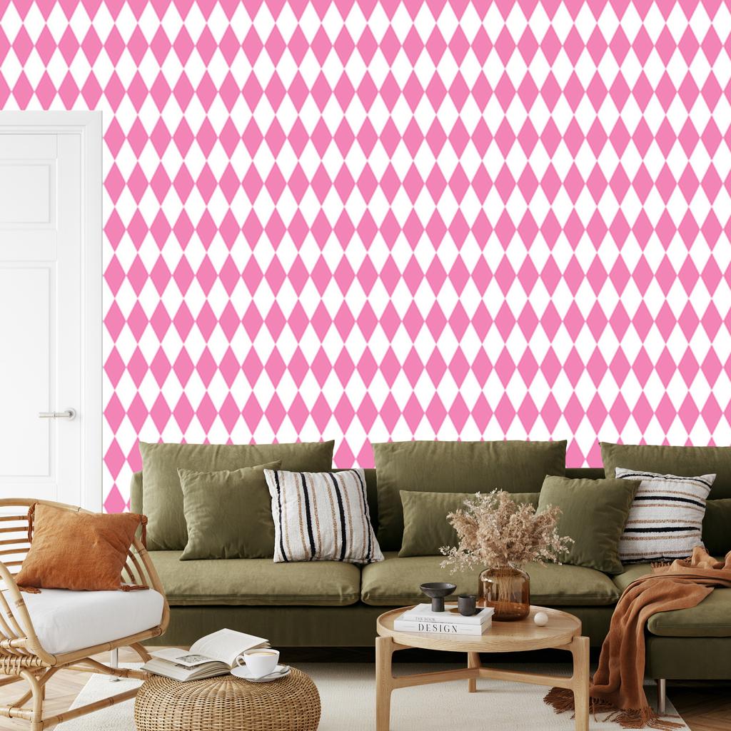 Harlequin Diamonds Wallpaper, Powder Pink and White, Powder Pink Background, 50x1000