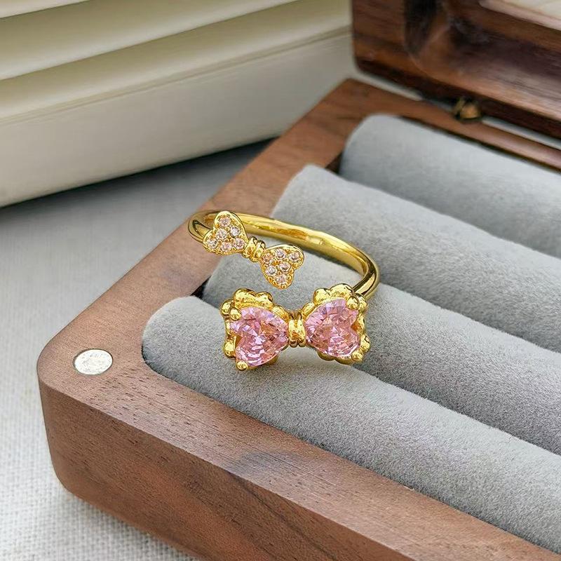 Medieval Vintage Pink Zircon Colored Treasure Open Ring Niche Light Luxury High Sense Stacked With Diamond Rings Woman