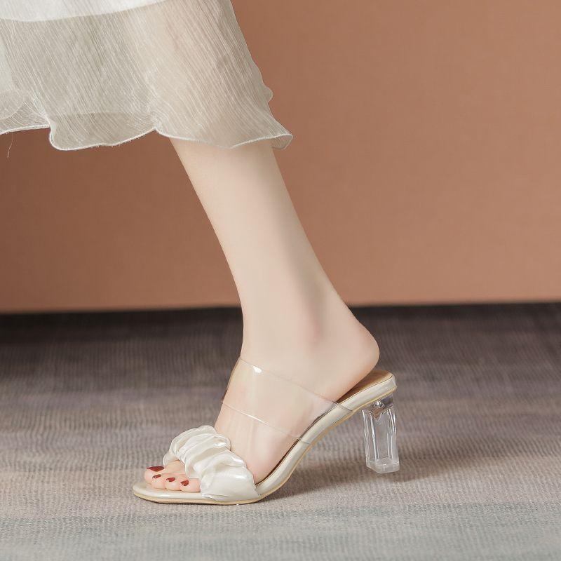 

Французские сандалии для улицы девочка лето 2025 новые высокие каблуки сказочный стиль шлепанцы на прозрачном хрустальном каблуке сандалии 40