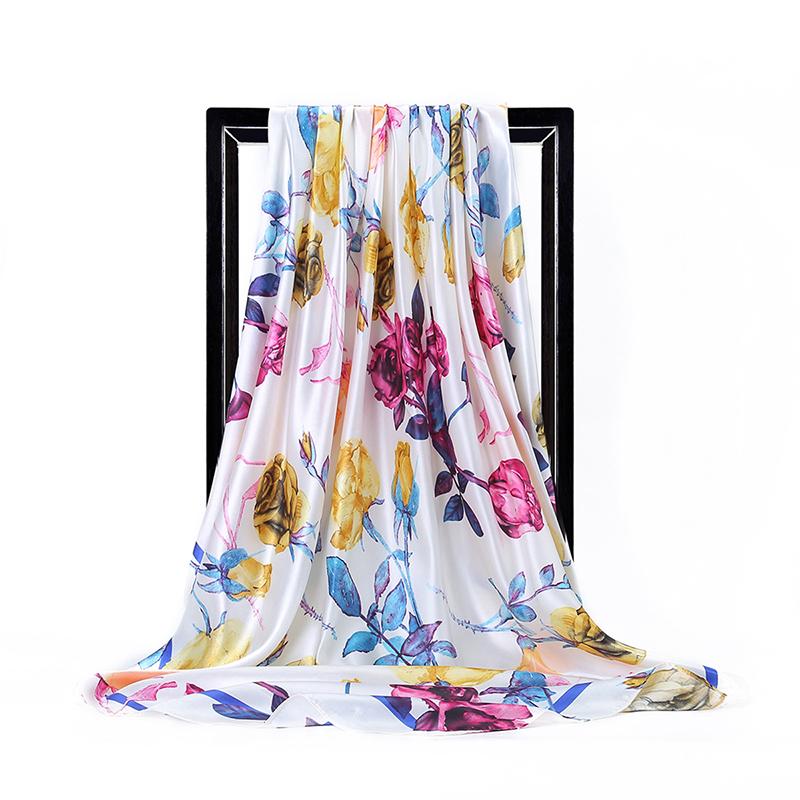 Spring New Flowers Print Satin Square Scarf for Women Muslim Hijab Silk Neckerchief Shawl Wraps Headband Foulard Bandana Turban