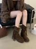 2025 New Retro Wasteland Wind Fringed Knight Boots Women's Autumn Thick Heel Woven Strap Versatile Fashion Mid Boots