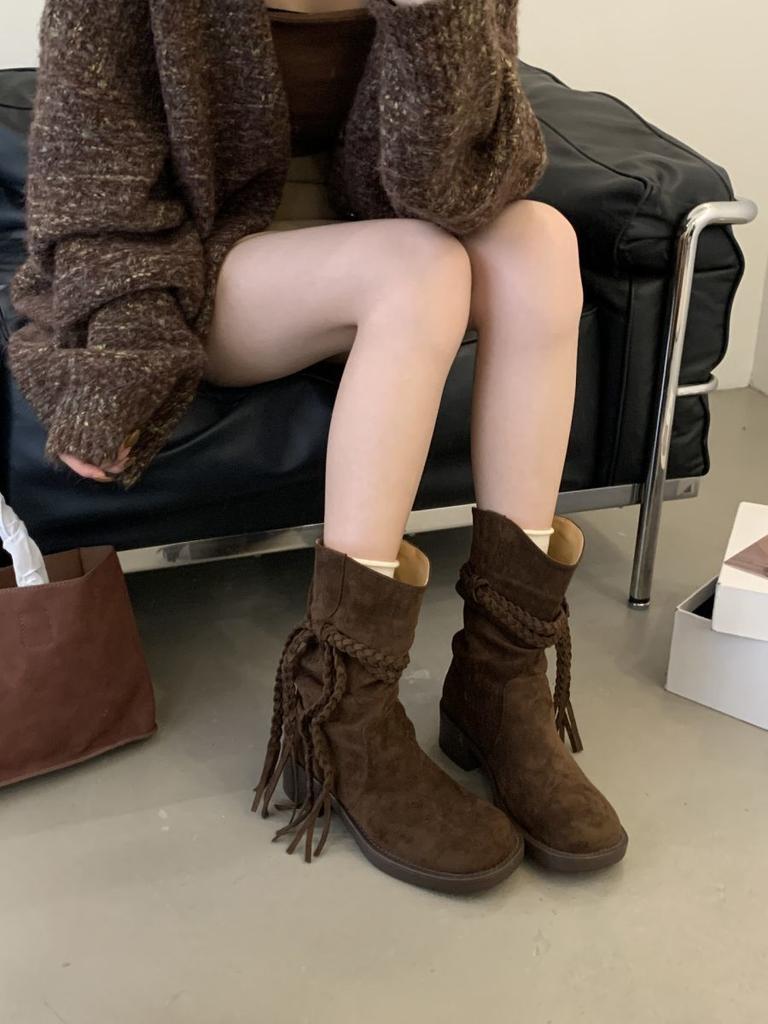 2025 New Retro Wasteland Wind Fringed Knight Boots Women's Autumn Thick Heel Woven Strap Versatile Fashion Mid Boots
