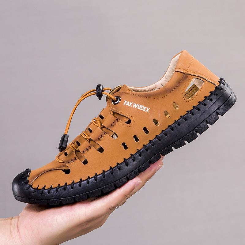 2025 Summer New Men's Shoes Hollow Leather Surface Casual Shoes Men's Breathable Sandals Low-top Lazy Beach Shoes