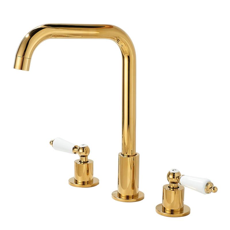 Tuqiu Gold Bathroom Faucet Brass Widespread Basin Faucet Brass Sink Faucet 3 Hole Double Handle Hot & Cold Wash Faucet Water Tap