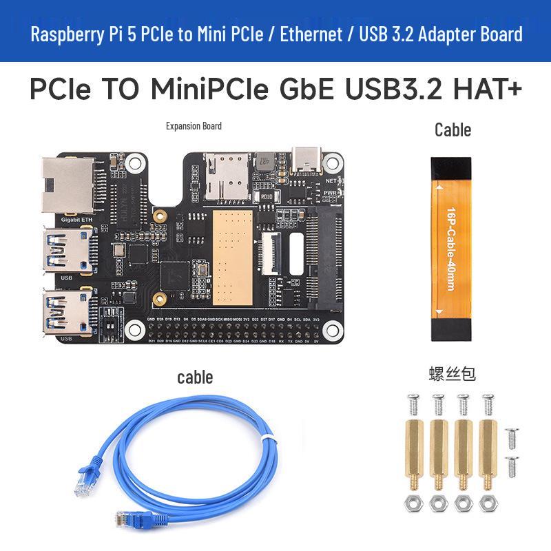 Raspberry Pi 5 PCIe to MiniPCIe Gigabit Ethernet Adapter with USB 3.2, Driver-Free Plug-and-Play