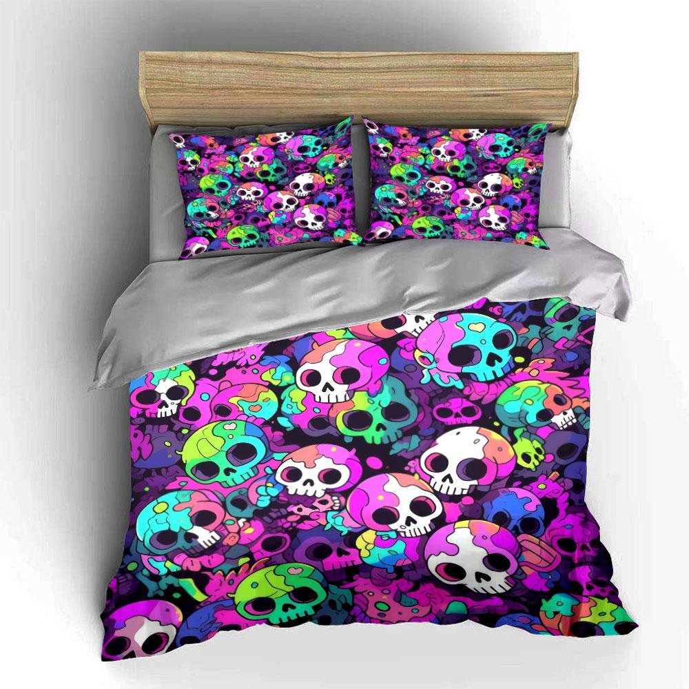 Colorful Skull Themed Decor Set Bedding Set With 1 Duvet Cover 2 Pillowcases Single Double King Queen, Gift