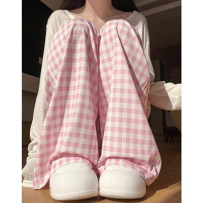 Rosa karierte Hose für Damen Frühling Neu Lässig Locker Hohe Taille Kleine tiefsitzende Weitbeinhose
