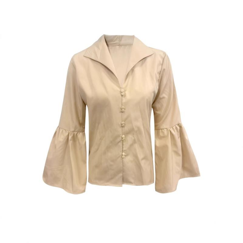 Spring New Style Solid Color Elegant Lantern Sleeve Lapel Shirt for Women