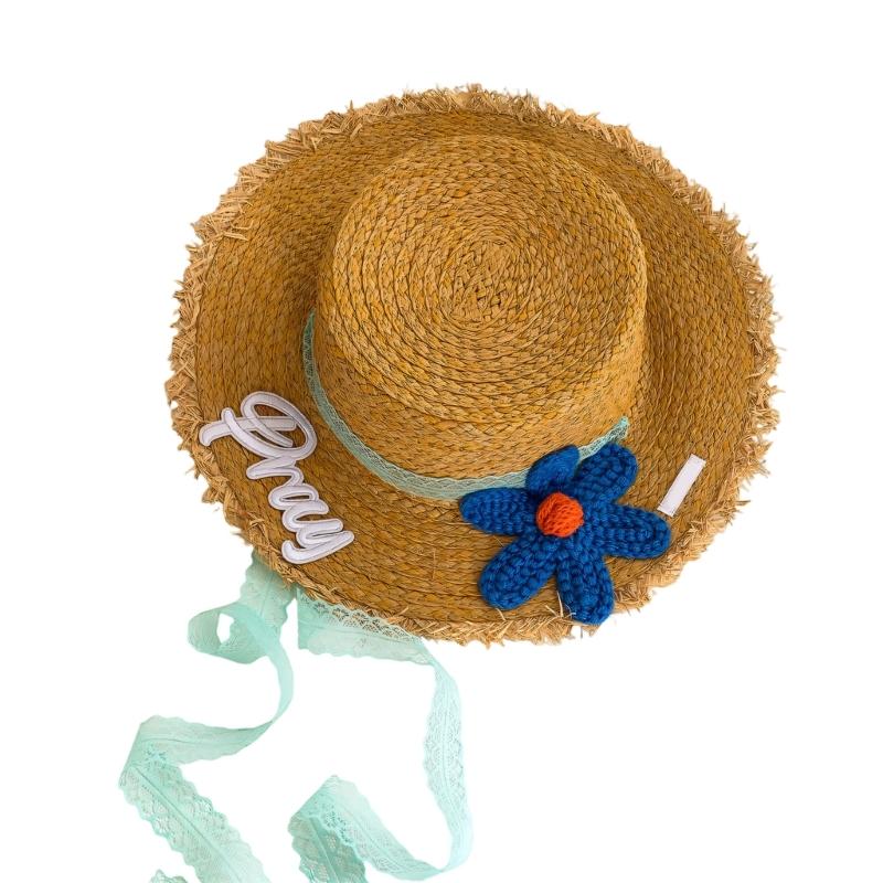 

Handwoven Paper Straw Hat With Flower Patterns Perfect For Photoshoots And Event синій