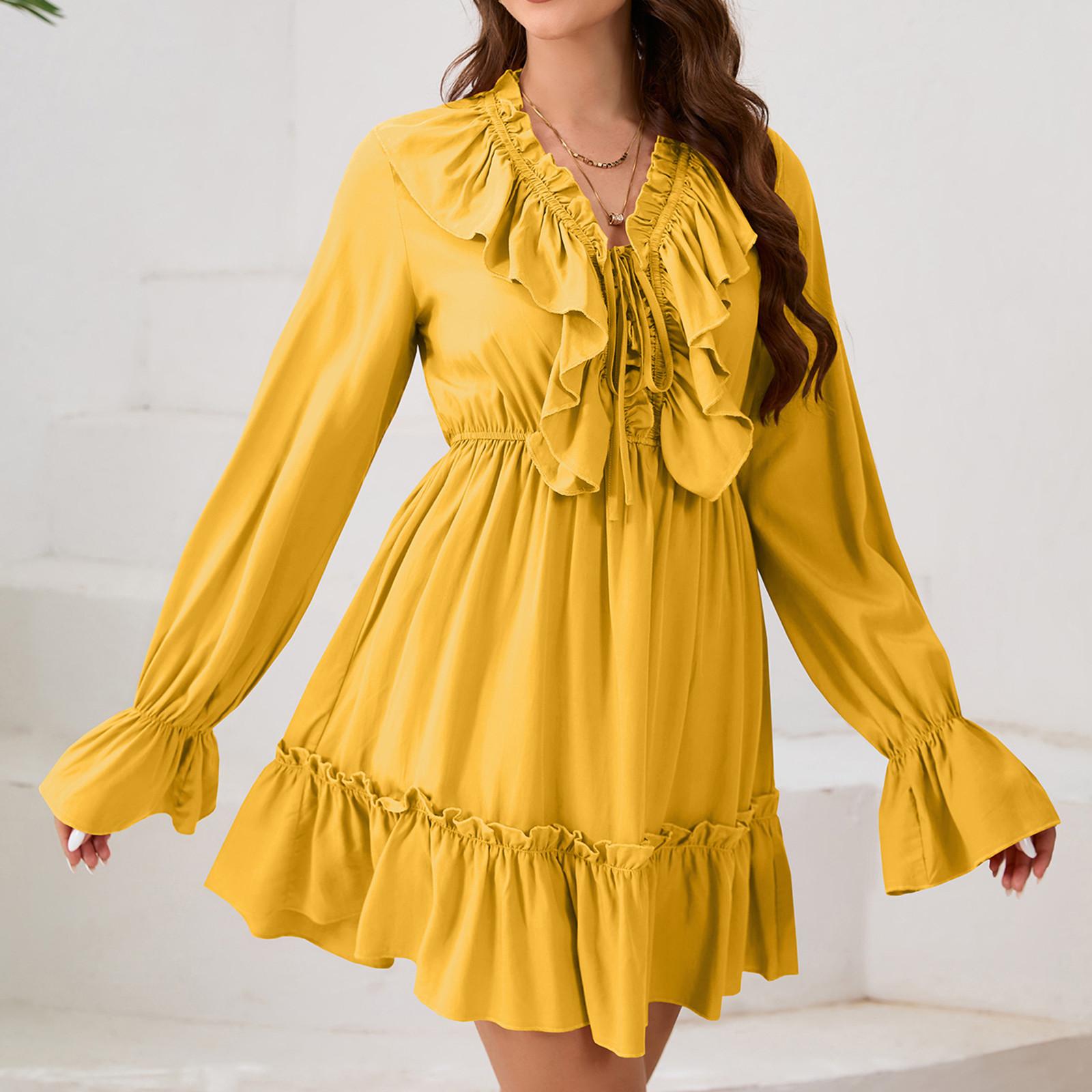 

Женское модное платье с V-образным вырезом и длинным рукавом, однотонное, облегающее, повседневные платья XXL жёлтый