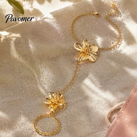 Layered Flower Hand Accessory Gold Chain Link Bracelet with Finger Ring for Integrated Women, Hibiscus Flowers O Bracelet, Floral Fairy Jewelry