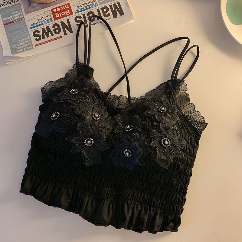 Beaded Cross Beautiful Back Camisole Vest Sexy Outer Wear With Chest Pad Ruched Tube Top Slim Lace Bandeau Underwear For Women