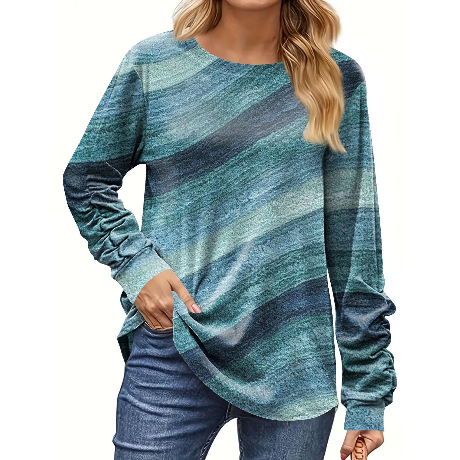 

Женская мода, повседневная блузка с длинным рукавом и круглым вырезом, пуловер с принтом S синий