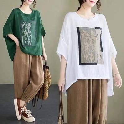 Cotton Linen T Shirt Women Art Vintage Print Loose T-shirt Fashion Casual Short Sleeve Oversized Blouse Summer Trend Thin Tshirt