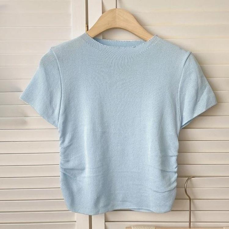 Summer Short-sleeved Knit T-shirt Female Chic Unique Design Sense Niche Slim Knit Tops Casual Essential Comfort and Style Slim Fit Pullovers Tees