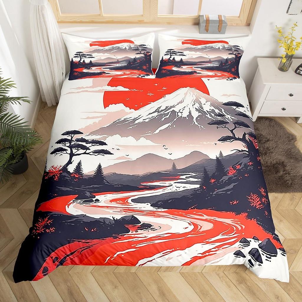 Comforter Hand-Painted Style Queen King Size Japanese Style Forest Mountain Bedding Set 3 Pcs With 2 S No Quilt