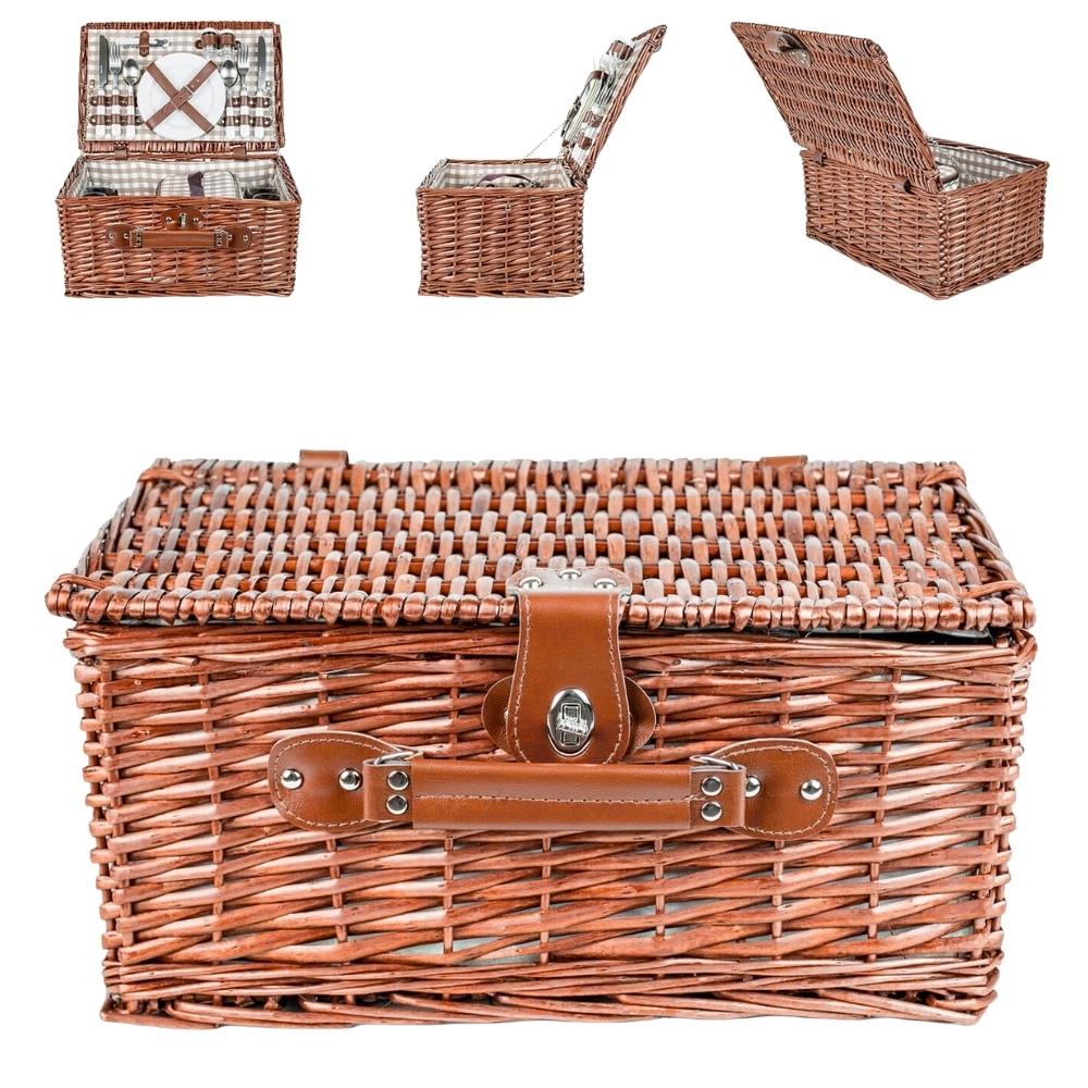 Picknickkorg korg flätad set för 4 personer kylväska bestick tallrikar MORE&DECO