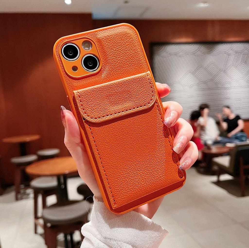 Lychee Pattern Is Suitable for Apple 17promax Mobile Phone Case Card Bag Iphone15 Simple 12 Plain Leather All-inclusive Protective Case.