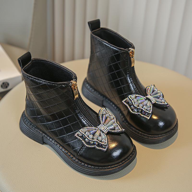 Girls Ankle Boots Children Flats Bottom Princess Rhinestone Boots with Bow-knot Front Zip Glossy Fashion Kids Chelsea Boots 2024