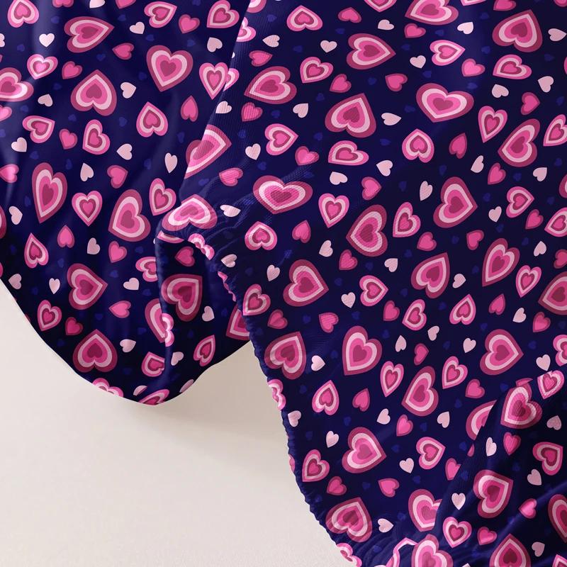 1 Piece Four Ring Pink Heart Pattern Sanded Fitted Sheet, Heart Printed Bedspread For Bedroom, Bedding (Not Include Pillowcase)