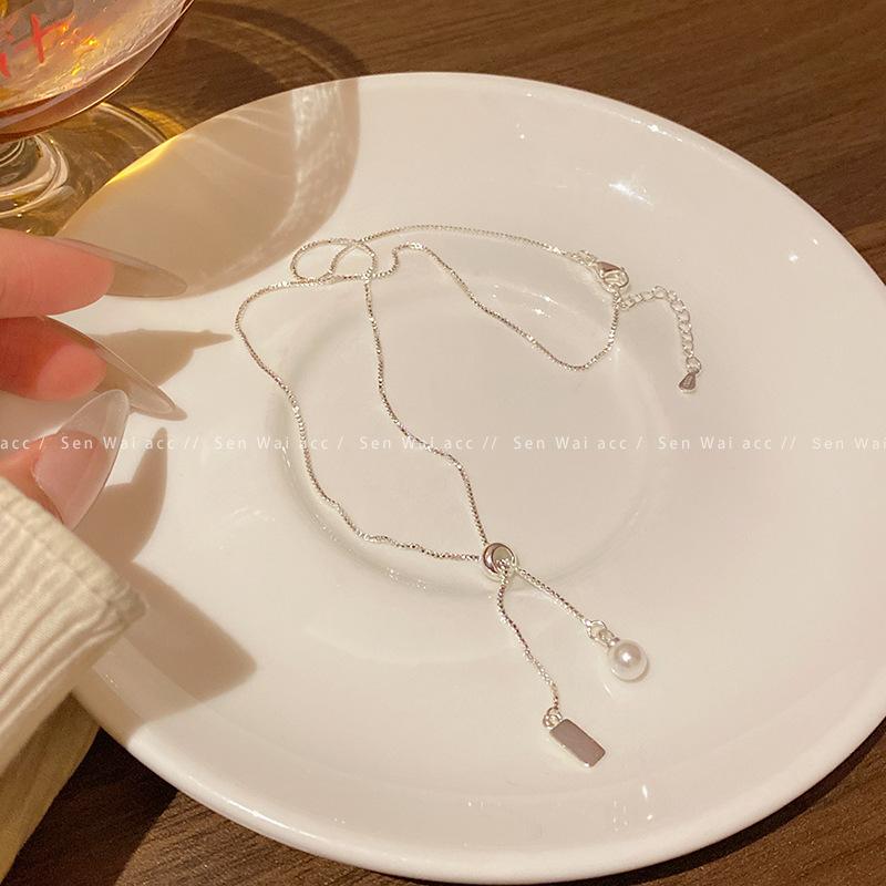 Pull-up pearl silver necklace female design sense unique cold wind collarbone chain temperament match