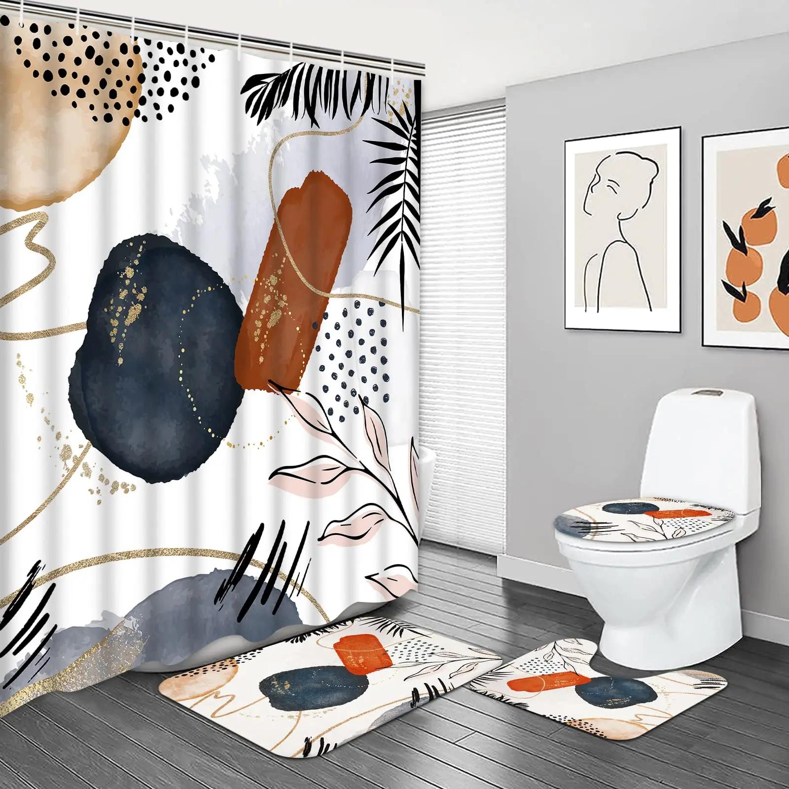 

Mid Century Shower Curtain Set Boho With Mat Rug,Abstract Waterproof Bathroom ,Retro Orange W60H190(CM)-1 Pcs