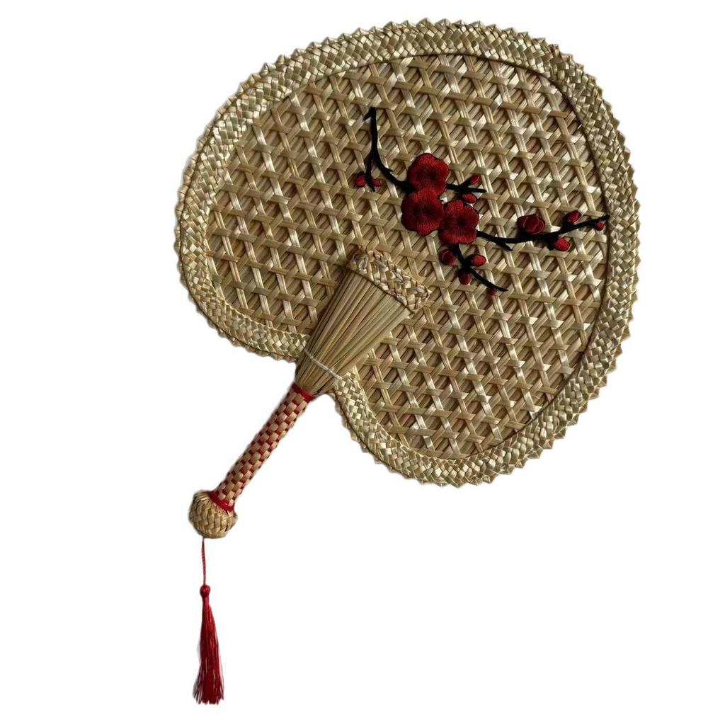 Handmade Chinese Wheat Straw Fan - Heart-Shaped, Plum Blossom Design, Traditional Art, Ideal for Dance