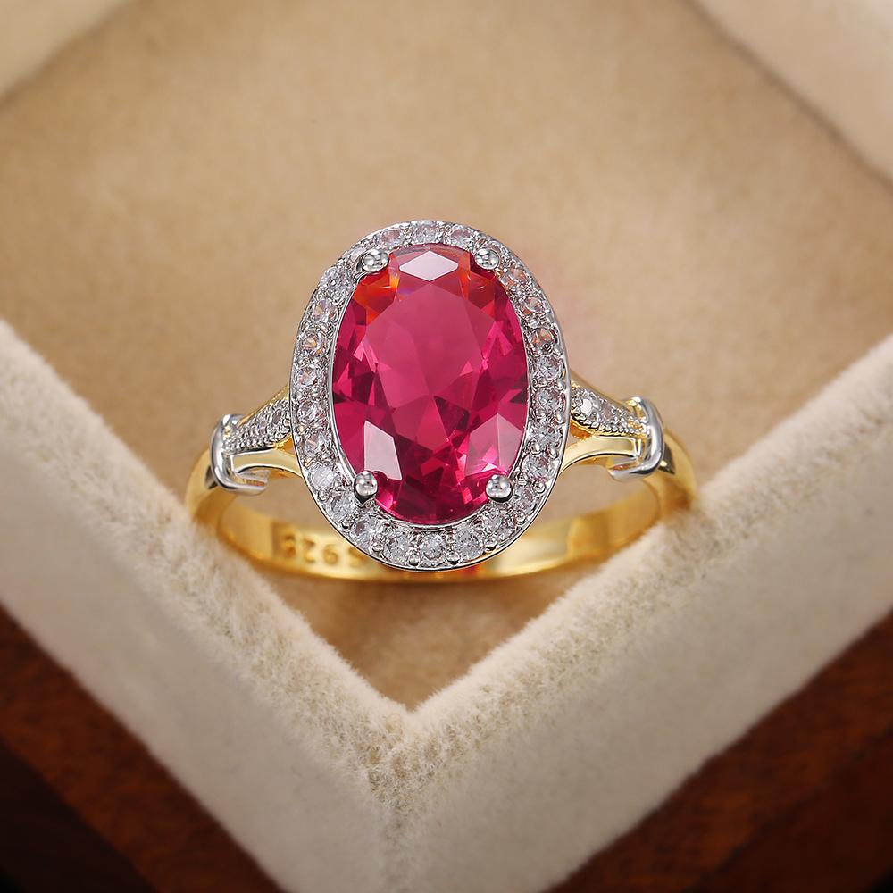 Huitan Anelli da Donna a Forma Ovale Grande con Zirconia Cubica Rosso Rosa Gioielli di Lusso per Donna per Feste Miglior Regalo per la Mamma Anelli Brillanti con CZ