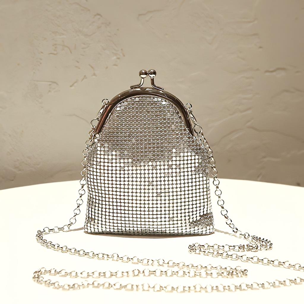 Chains Women Shoulder Bag Retro Kiss Lock Crossbody Bags For Female Metallic Sequin Shell Bag Clip Wallet Small Purse Handbags