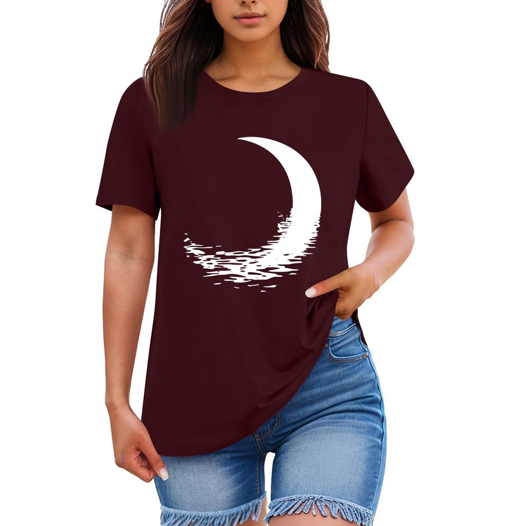 Ladies' Loose Comfortable Casual Fashionable  Moon Pattern Printed Round Neck Short Sleeved Shirt
