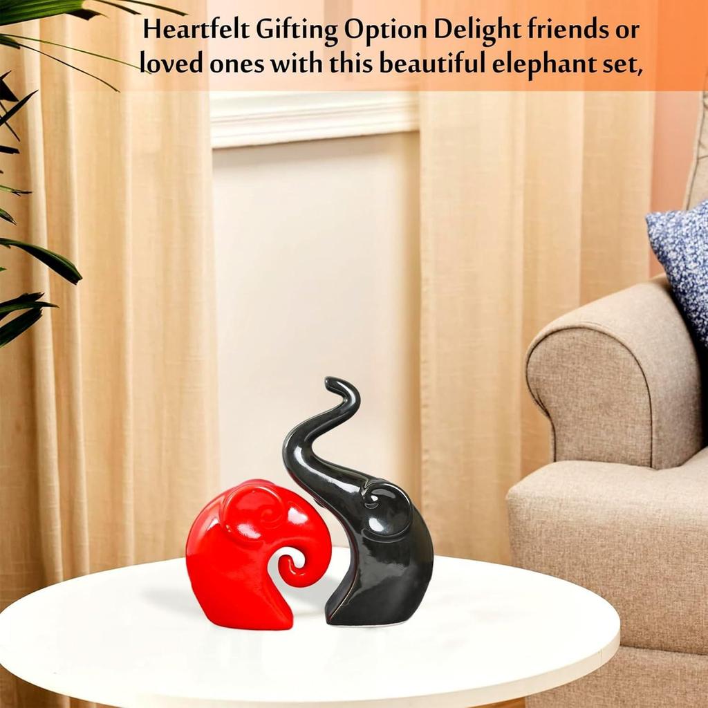 Elephant Family Showpiece, Ceramic Gloss Finish Auspicious Figurines for Living Room, Office, Bedroom (Set of 2)