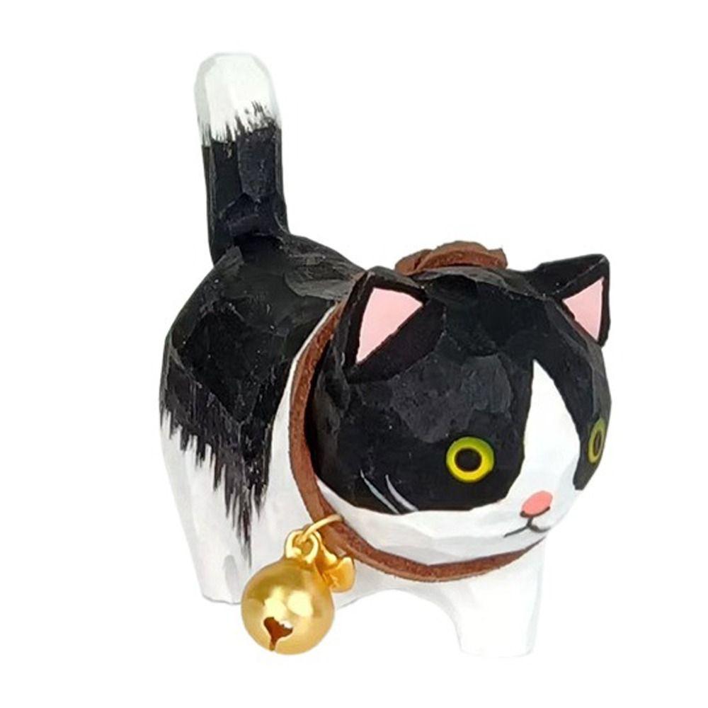 Solid Wood Painted Cartoon Cat Sculpture Bell Cat Hand Engraving Cat Decorations  Girls