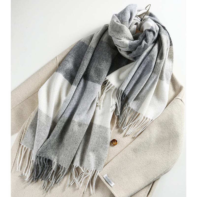 Winter Plaid Wool Scarf Women's New Warm and Fashionable Pure Wool Scarf To Prevent Cold Simple and Versatile Tassel Scarf