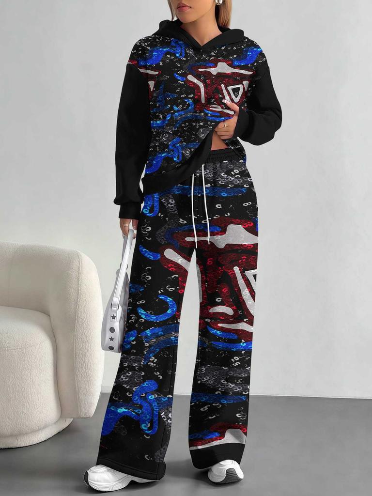 European And American Autumn And Winter Casual Long-Sleeved Retro Pattern Set Women'S Hooded Sweater Trousers Two-Piece Set