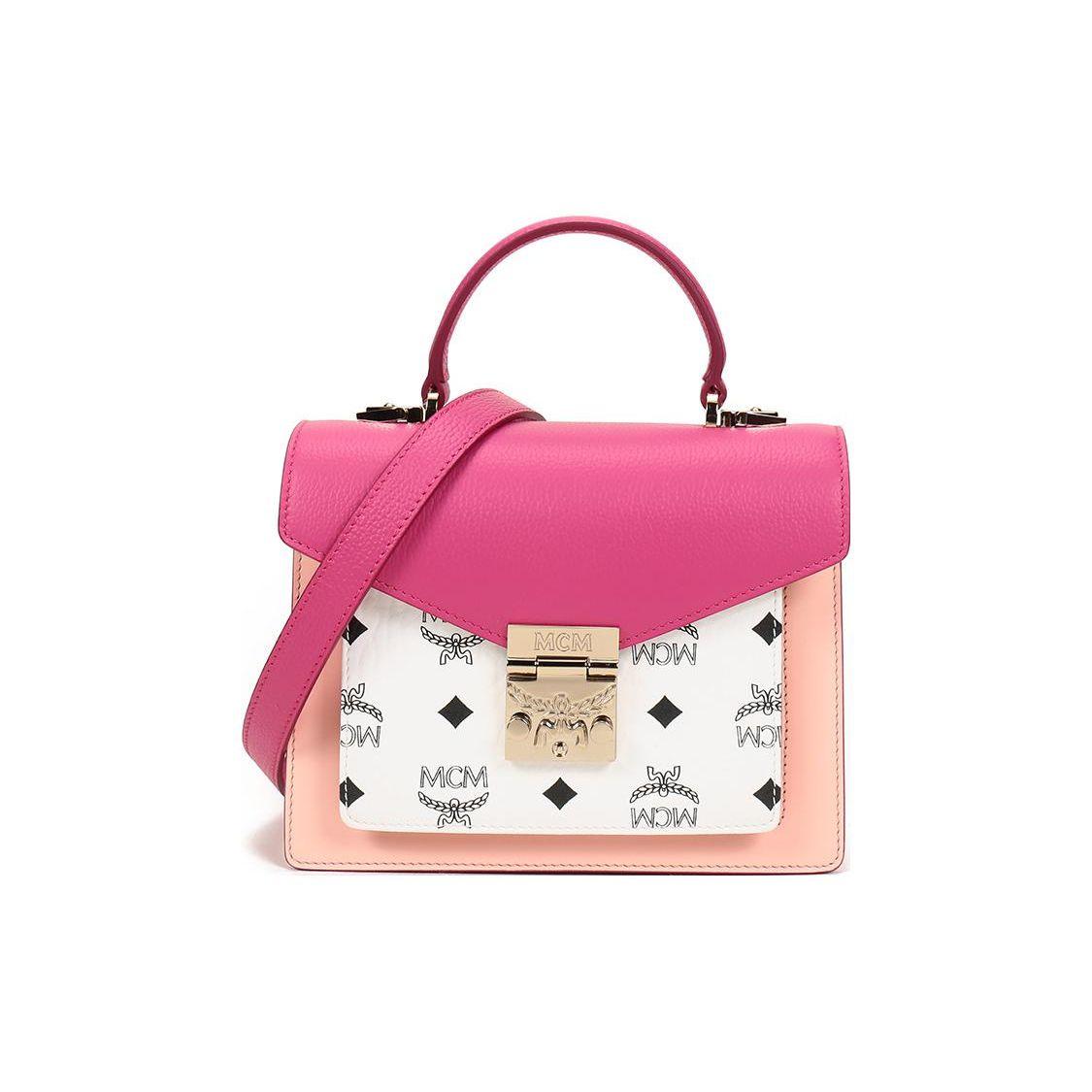 MCM Patricia Visetos Monogram Kleurblok Klep Kunstleer Schoudertas Crossbody Tas Kleine Dames tassen Roze MWEAAPA05QJ001 Basic Set (Bag+Dust Bag)